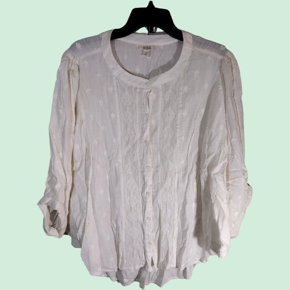 ANA A New Approach Women's L Flutter Sleeve Button Down Cover Up Top Blouse USED